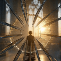 Silhouette behind shattered digital glass