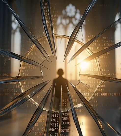 Silhouette behind shattered digital glass