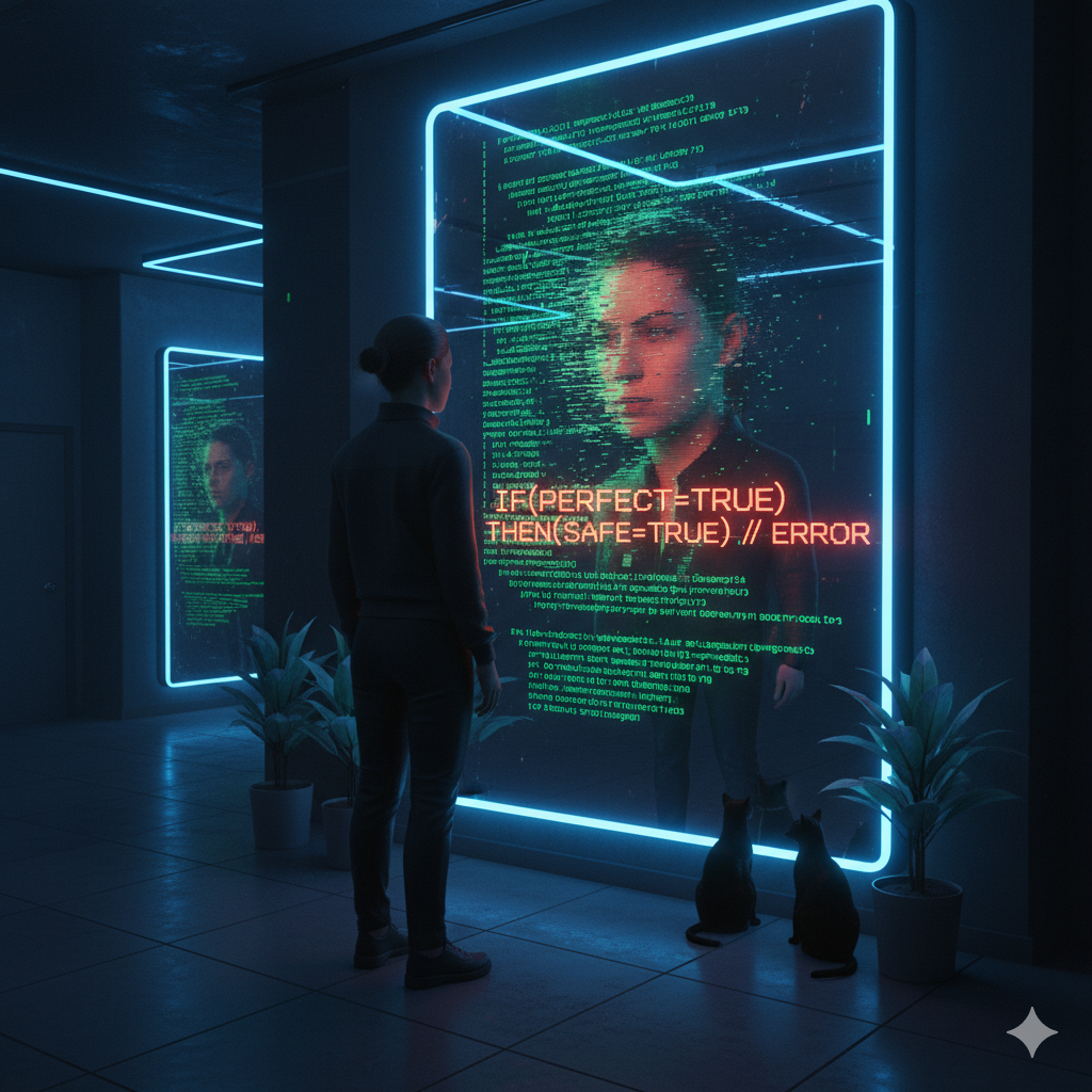 Person interacting with digital code mirrors.