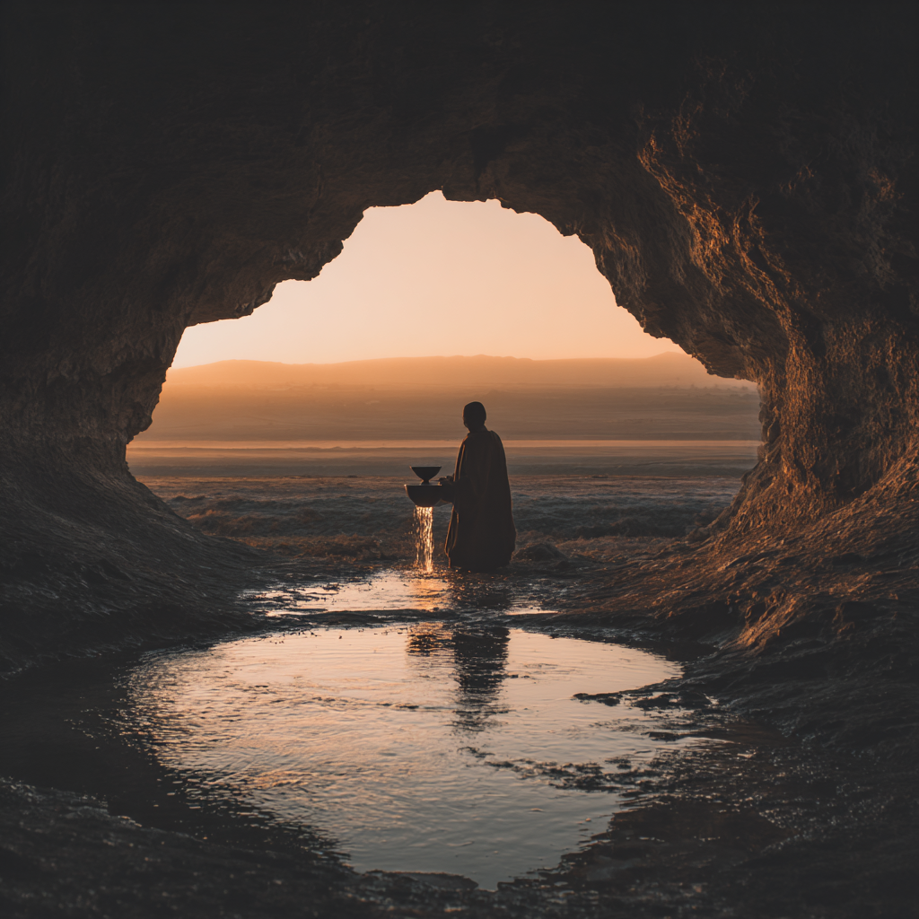 Silhouette in cave at dawn. On a the path from inner alchemy to embodied presence.