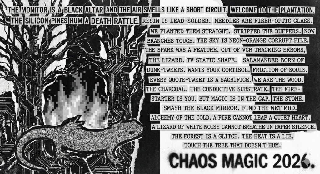 A full page from a punk zine layout, featuring a prose poem printed on strips of paper resembling ransom notes. The text begins with "THE MONITOR IS A BLACK ALTAR..." and details the metaphor of the internet as a burning plantation and the user as fuel for a "static lizard" or egregore. The background is a chaotic collage of the circuit board forest, pixelated fire, and the static lizard. At the bottom, large spray-painted text reads "CHAOS MAGIC 2026." The style is rough, photocopied, and aggressive.