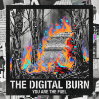 A square Instagram post with a high-contrast punk zine aesthetic. The image features the same circuit board forest being consumed by neon glitch fire and the static lizard icon as the podcast cover. Large, distressed text at the bottom reads "THE DIGITAL BURN" in white, with the subtitle "YOU ARE THE FUEL" below it. The entire image has a rough, torn paper and halftone texture, designed to stop scrolling on social media feeds.