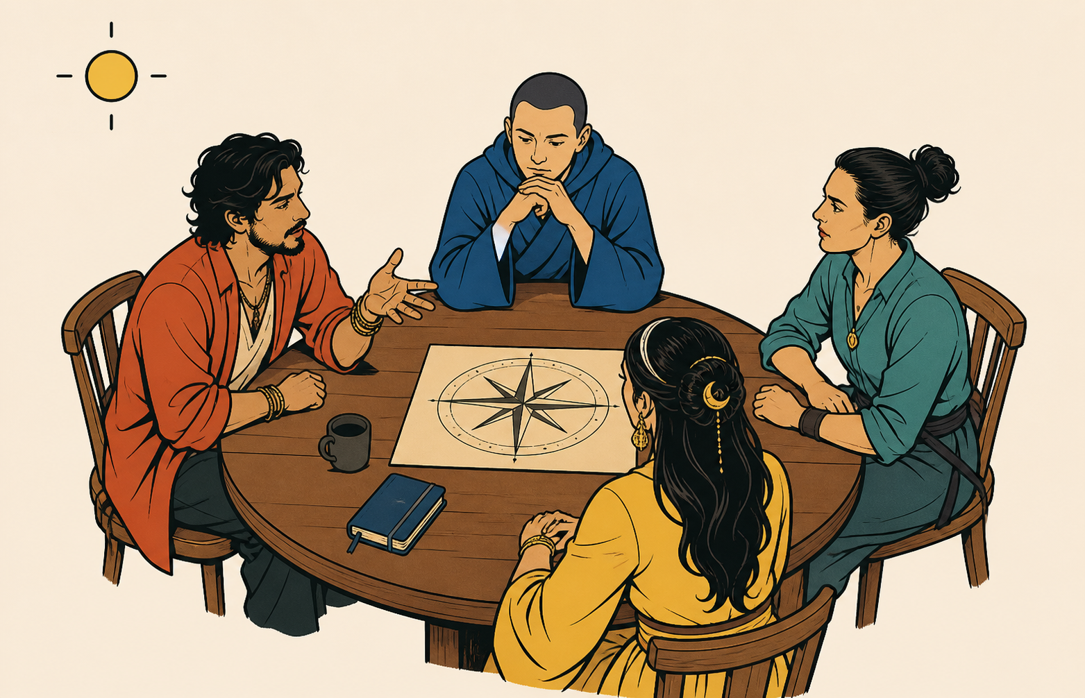 Four distinct inner figures seated around a circular council table with a compass-like symbol at the centre.
