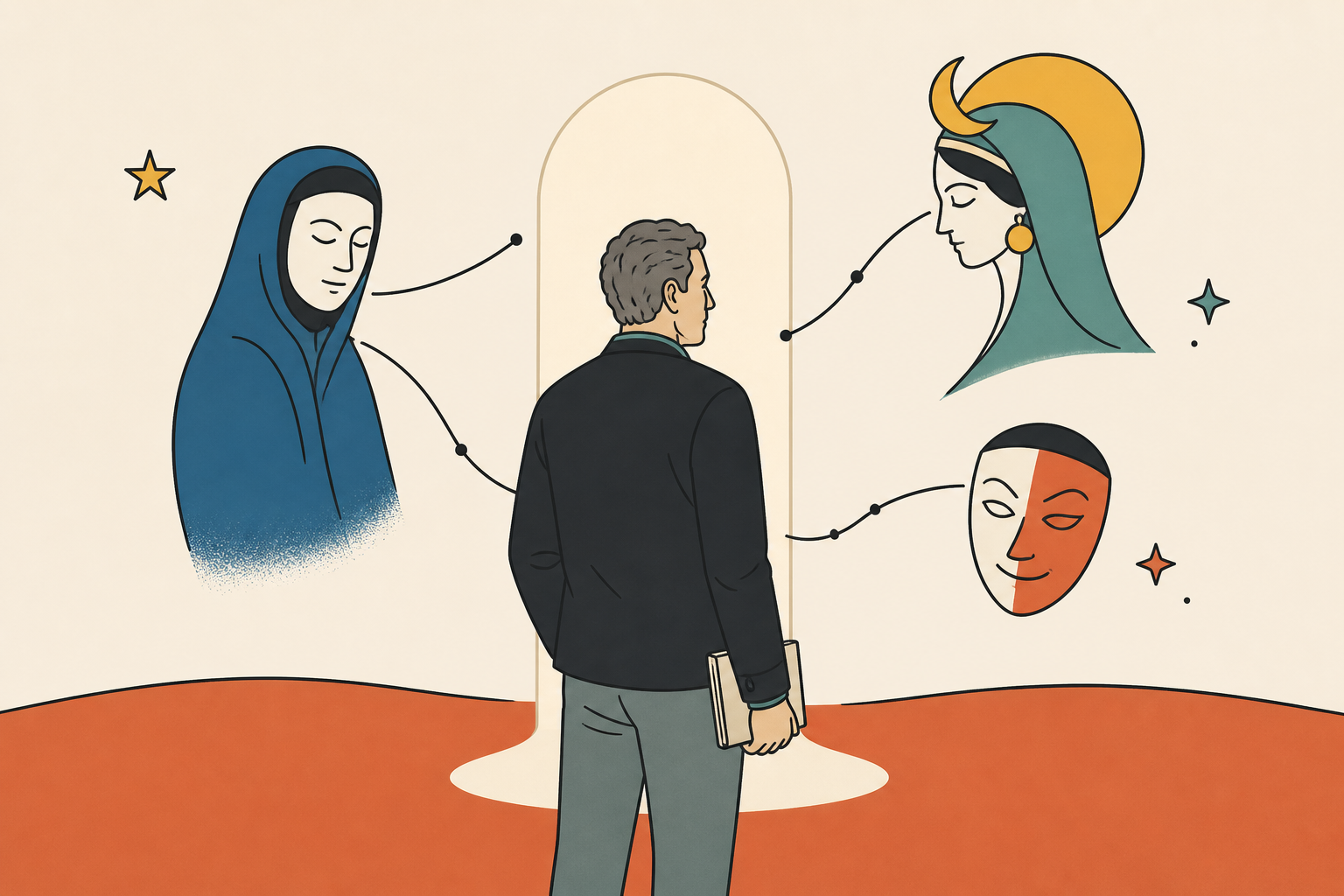 A writer stands before a doorway connected to three archetypal possibilities: a robed sage, a lunar seer, and a divided trickster mask.