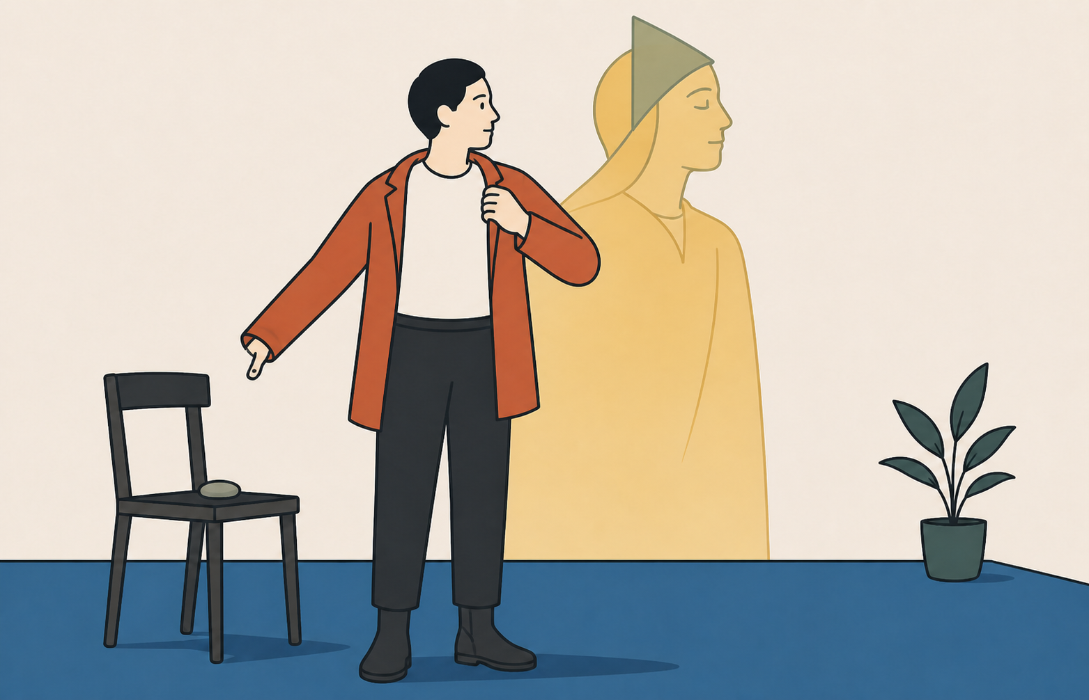 A person in an orange coat stands before a large moonlit archetypal face, joining imagination to bodily stance and action.